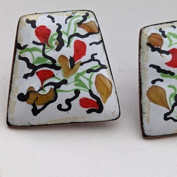 Art Nouveau Copper Enameled Earrings Screw Backs Matisse Design - Picture 3 of 5